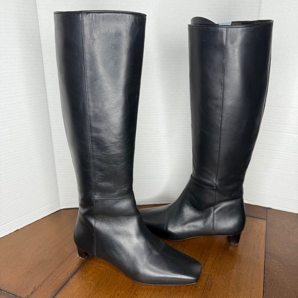Frances Valentine Black Leather Square Toe Knee High Boots Side Zip Heel 6B - Picture 4 of 10